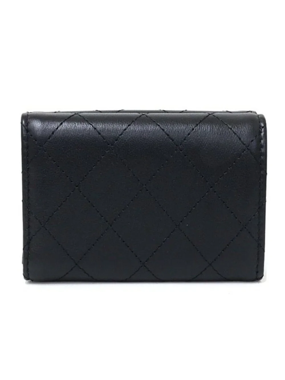 Chanel Compact Wallet Trifold Quilted Leather Black &silver